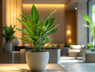 The picture shows a plant on a table with a living room in the background