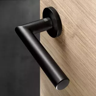The picture shows the door handle Lucia in graphite black finish mounted on a wooden door.
