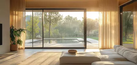 The picture shows a living room with sunlight