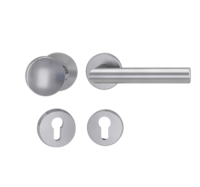 Silhouette product image in perfect product view shows the GRIFFWERK security rose set with knob R1 in the version euro profile, brushed steel with the door handle LUCIA PROF