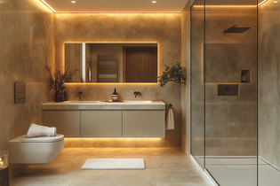 The picture shows a bathroom in natural tones