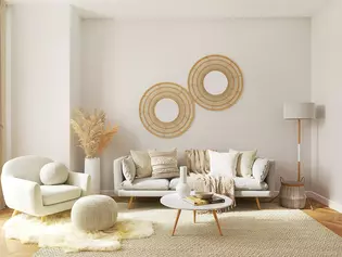 La imagen muestra un salón con mobiliario de estilo boho.