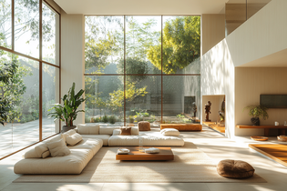 The picture shows a living room with lots of sunlight