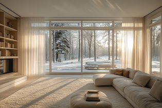 Das Bild zeigt ein Wohnzimmer in Beige mit Winterlandschaft