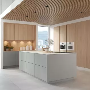 A Japandi style kitchen with light natural tones